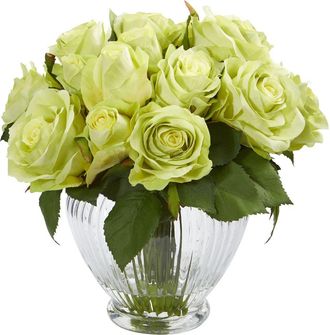 Nearly Natural 9-in Rose Artificial Floral Arrangement in Elegant Glass Vase in Green at Nordstrom