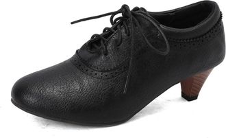 Generic Womens Brogue Round Toe Oxfords Lace-Up Mid Block Heel PU Leather Upper Black Sole Adjustable Laces Supportive Comfortable Fit Shoes,Black,10.5 UK