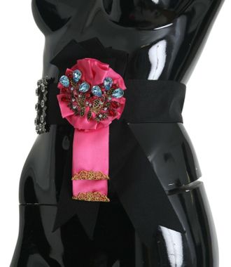 Dolce & Gabbana Womens Black Pink Flower Brooch Crystals Cotton Belt Acetate