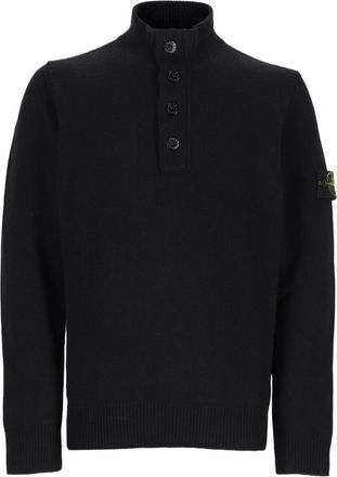 Stone Island Black Knit Sweater with High Ribbed Collar and Button Placket