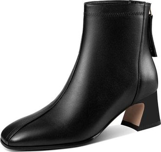 TinaCus Handmade Womens Genuine Leather Back Zipper Square Toe Low Chunky Heel Ankle Boots Shoes, Black, 6 UK