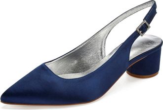 Generic Wedding Bridal Shoes Women Chunky Block Satin Low Heels Pointed Toe Slingback Evening Party Prom Office Shoes 4.5Cm,Dark Blue,4 UK