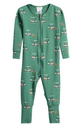 Petit Lem Golf Carts on Spruce Fitted Stretch Organic Cotton Blend Convertible Footie Pajamas in Dark Green at Nordstrom, Size 12M