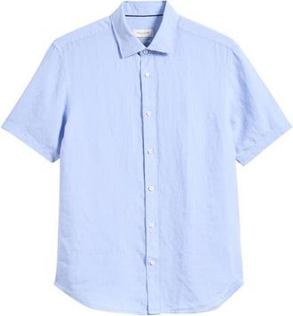 Bugatchi Orson Shaped Fit Short Sleeve Linen Button-Up Shirt in Sky at Nordstrom, Size Xxx-Large