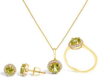 House of Brilliance 10K Gold Gemstone and 3/8 Cttw Diamond Halo Jewelry Set in Yellow | Green Peridot at Nordstrom