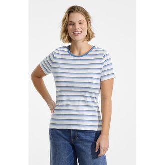 Lands End Cotton Rib T-shirt in Ivory/teal Blue Multi Stripe at Nordstrom, Size 2X