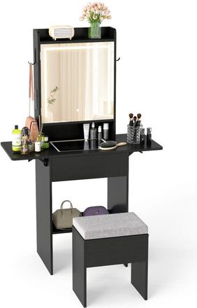 Costway Vanity Desk with Lighted Mirror 3 Color Modes Foldable Panels Power Outlets Black