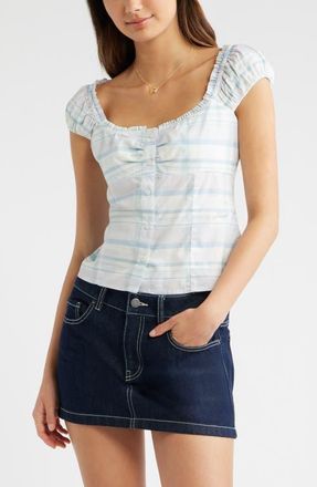 BP. Ruffle Trim Cap Sleeve Cotton Top in Ivory- Blue Magda Plaid at Nordstrom, Size Xx-Small