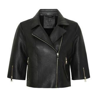 Notyz Zwarte Cropped Jas met Licht Gouden Accents - Dames - Leren en Su&egrave;de Jassen - Zwart - L - Leer - Jassen