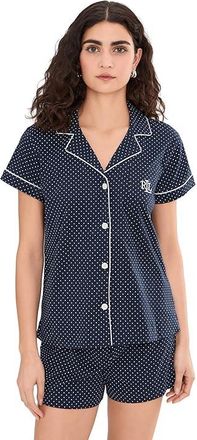 Lauren Ralph Lauren Knit Short Sleeve Notch Collar Boxer Pajama Set Womens Pajama Sets Navy Dot : LG (US 12-14), Cotton