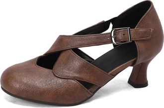 Generic Womens Cross-Strap Ankle Strap Pumps Round Toe Chunky Heels Adjustable Buckle PU Upper Cutout Design Soft Insole Non-Slip Comfortable Shoes,Brown,10.5