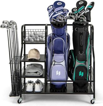 Costway Costway - Organizador De Almacenamiento Para Palos De Golf, 3 Estantes Y 1 Cesta, Estante De Almacenaje Con Ruedas Extra&iacute;bles Para 2 Bolsas De Golf,6 