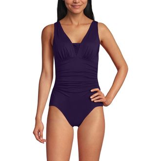 Lands End Mastectomy Slender Grecian Tummy Control Chlorine Resistant One Piece Swimsuit in Blackberry at Nordstrom, Size 14