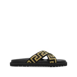 Versace Sliders, male, Black, Size: 8 US Black Cross-Strap Sandals Greca Pattern