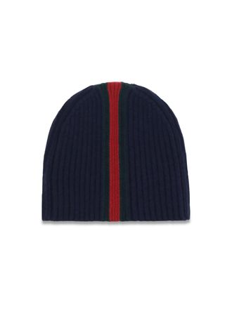Gucci 8710214KADM Merino Wool Ribbed with Web Stripe Beanie - Navy