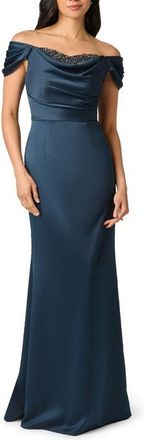 Adrianna Papell Beaded Off the Shoulder Satin Mermaid Gown in Dark Navy at Nordstrom, Size 10