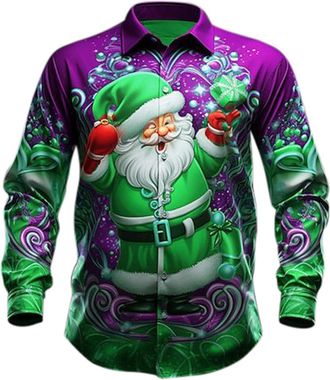 Generic Christmas Shirts Mens Funny Christmas Shirt Mens Long Sleeve Fashion Christmas Long Sleeve Shirt Turn-Down Collar with Santa Print Christmas Costume B