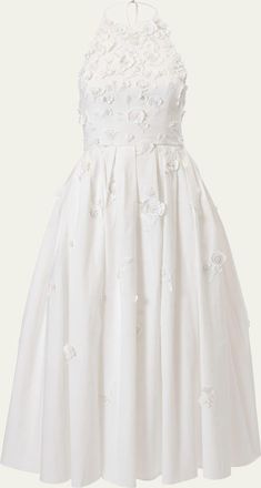 Carolina Herrera Floral Applique Cotton Halter Midi Dress