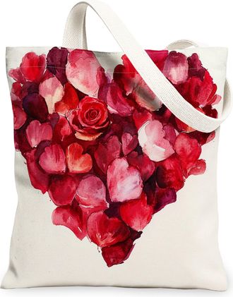 Generic Valentines Floral Canvas Tote Bags, Heart Petal Design Lightweight Washable Bags for Grocery Travel Beach Picnic 13x15 Inch