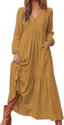 Generic Womens Cotton Linen Dresses Long Sleeve Vintage Maxi Dress V Neck Solid Colour Retro Long Dresses Button Downs Loose Casual Vacation Wrap Dresse UK Sa