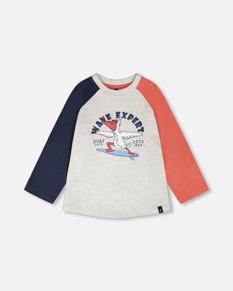 Deux par Deux Jersey Pelican Graphic Long Sleeve T-Shirt in Light Grey Mix at Nordstrom, Size 24M