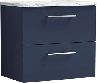 Nuie Nuie - Arno Wall Hung 2-Drawer Vanity Unit with Carrera Marble Worktop 600mm Wide - Midnight Blue