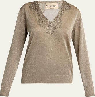 Valentino Garavani Lace-Trim Metallic Knit V-Neck Sweater