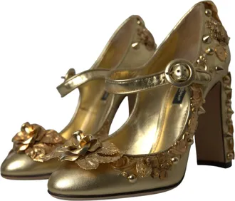 Dolce & Gabbana Womens Gold Leather Crystal Mary Janes Pumps Shoes