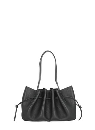 Yuzefi Draped Black Leather Shoulder Bag With Scalloped Structure