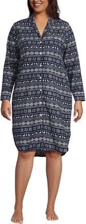 Lands End Plus Size Flannel Long Sleeve Sleepshirt Nightgown in Deep Sea Deer Fairisle at Nordstrom, Size 2X