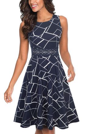 Homeyee Womens Vintage 50s Sleeveless Floral Embroidered Cocktail Swing Dress A079 (UK 16 = Size XXL, Stripe)