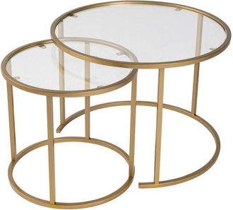 Dmora Set di 2 tavolini da salotto Abbadesse, Tavolo basso da caffè, Portariviste per divano, Ripiano da soggiorno, 60x60 h43 cm, Oro e Trasparente - Dmora