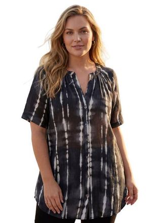Roaman's Plus Size Angelina Crinkle Crepe Y-Neck Short Sleeve Tunic in Black Variegated Tie Dye at Nordstrom, Size 14