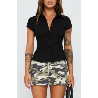 Princess Polly Cottesloe Fitted Button-Up Shirt in Black at Nordstrom, Size 12