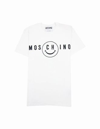 Moschino Mens Moschino Couture Smiley Brand Print Cotton Jersey T Shirt White 1001 - Size: 44