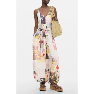 Desigual Floral Patchwork Belted Jumpsuit in Black Multi at Nordstrom, Size X-Small