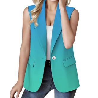 Generic Women Floral Waistcoat V Neck Sleeveless Temperament Vest Jacket Open Front Button Cropped Slim Vest Blazer Streetwear Formal Suit Blue