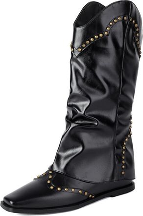 Generic Womens Western Cowboy Boots Slouchy Faux Leather Gold Studs Decor Pointed Toe Flat Heel Stylish Casual Daily Streetwear Country Themed Party Outfits,B