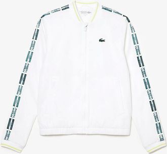 Lacoste Womens Crocodile Logo Lacoste Lettering Crew Neck Bomber Collar Athletic Top - White - Size: 10
