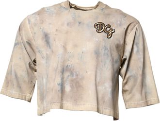 Dolce & Gabbana Beige Tie Dye DG Embroidery Cropped Mens T-shirt