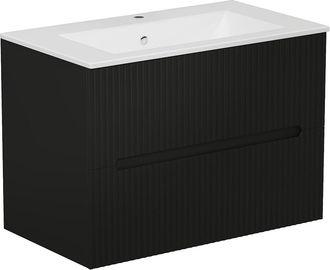 Vente-Unique Mueble de ba&ntilde;o suspendido con lavabo encastrado - Estriado negro - 80 cm - PAVANI