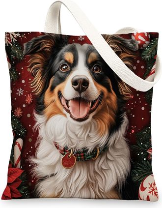 Generic Christmas Australian Shepherd Dog Canvas Tote Bag for Shopping 13x15, Xmas Candy Poinsettia Puppy Reusable Grocery Print Bag for Women, Holiday Pet Be