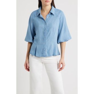 Wit & Wisdom Bubble Sleeve Flare Button-Up Chambray Top in Light Blue at Nordstrom, Size X-Small