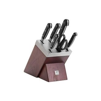 Zwilling Pro - Bloque De Cuchillos Autoafilado (7 Piezas, Fresno, Tijeras Y Cuchillos De Acero Especial, Dise&ntilde;o De 3 Tachuelas), Color Marr&oacute;n - Zwilling