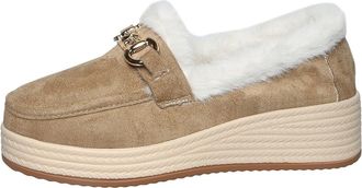 Generic Womens Faux Fur Lined Metal Chain Round Toe Platform Wedge Espardilles Loafers Slip On Comfort Warm Winter Shoes (5.5,Khaki)