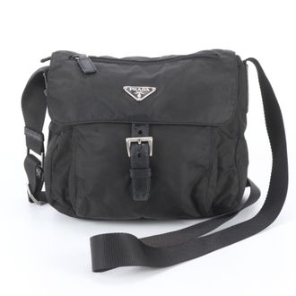 Prada Black Leather Nylon Messenger Bag Shoulder Bag (Pre-Owned)
