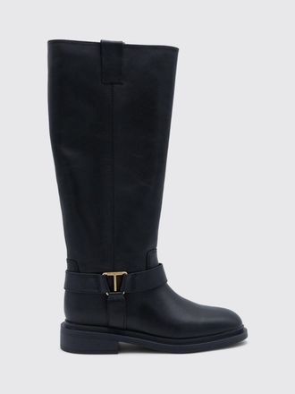 Twinset Knee-High Smooth Leather Biker Boots with Double Pull-Tabs