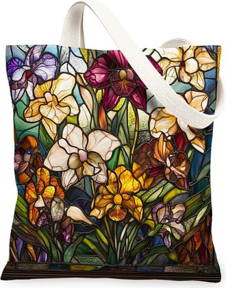 Generic Stained Glass Orchid Flower Canvas Tote Bag for Shopping 13x15, Luxury Floral Reusable Grocery Print Pattern Bag for Women Men, Garden Cool Aesthetic 
