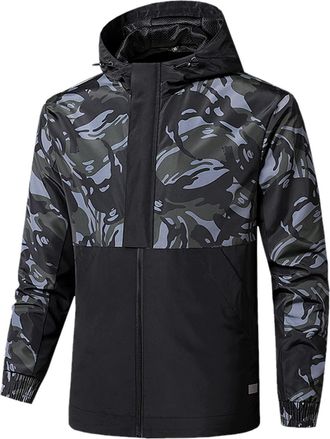 Generic Mens Waterproof Jacket Casual Patchwork Camouflage Outdoor Jackets Waterproof Windbreaker Hooded Long Sleeve Zipper Slit Pocket Coat RegattaHiking Jac