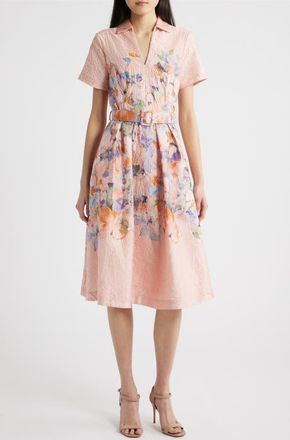 Tahari by ASL Print Crinkle Belted Fit & Flare Dress in Apricot Floral at Nordstrom, Size 12